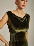 Luxurious Mermaid Cowl Neck Sleeveless Velvet Olive Green Maxi Evening Dress for Women Ready to Ship