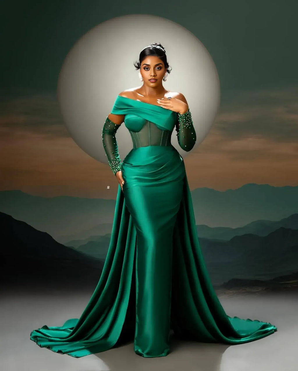 Luxurious Mermaid Off the Shoulder Long Sleeves Pleated Sweep Train Prom Dress