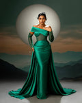 Luxurious Mermaid Off the Shoulder Long Sleeves Pleated Sweep Train Prom Dress