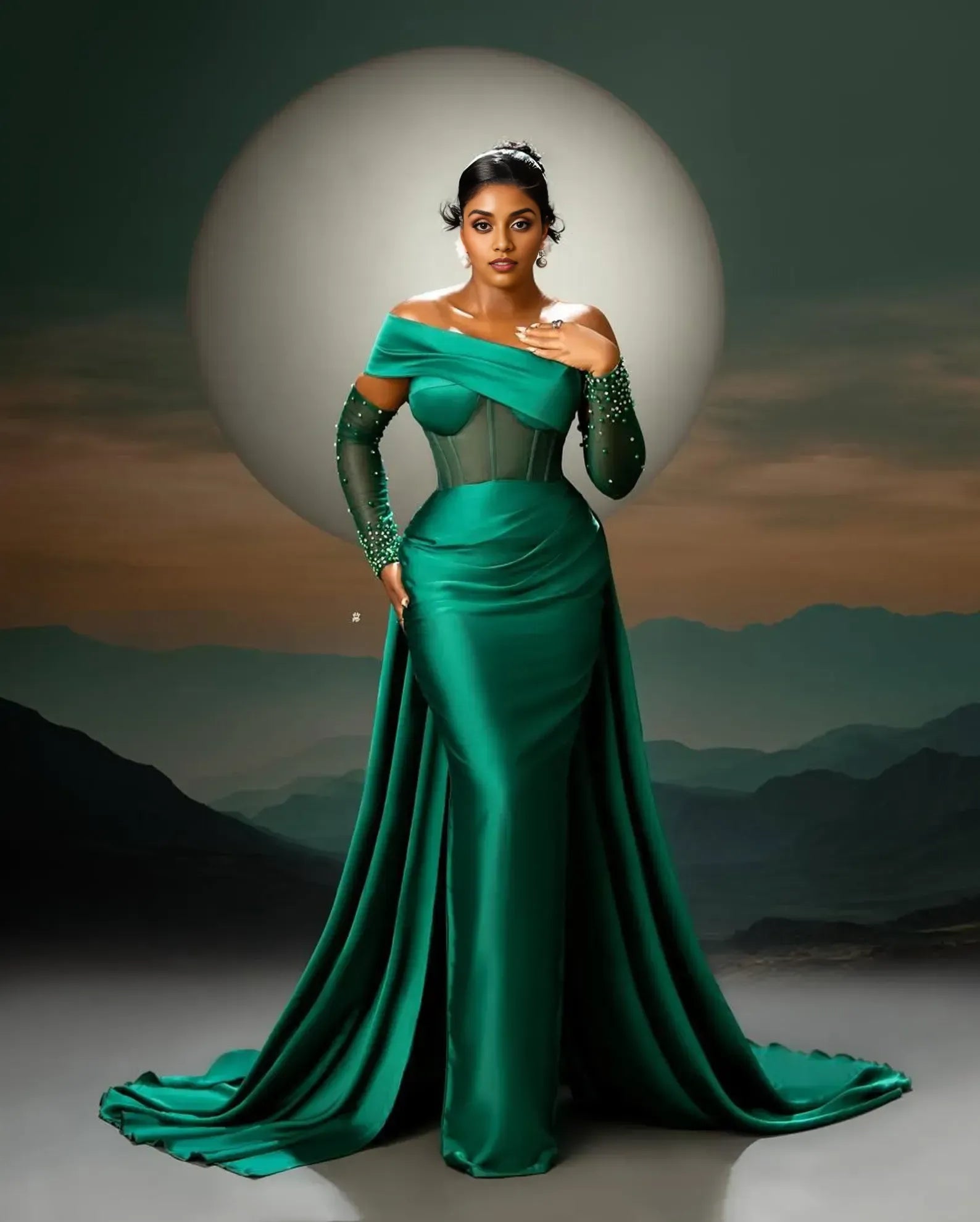 Luxurious Mermaid Off the Shoulder Long Sleeves Pleated Sweep Train Prom Dress