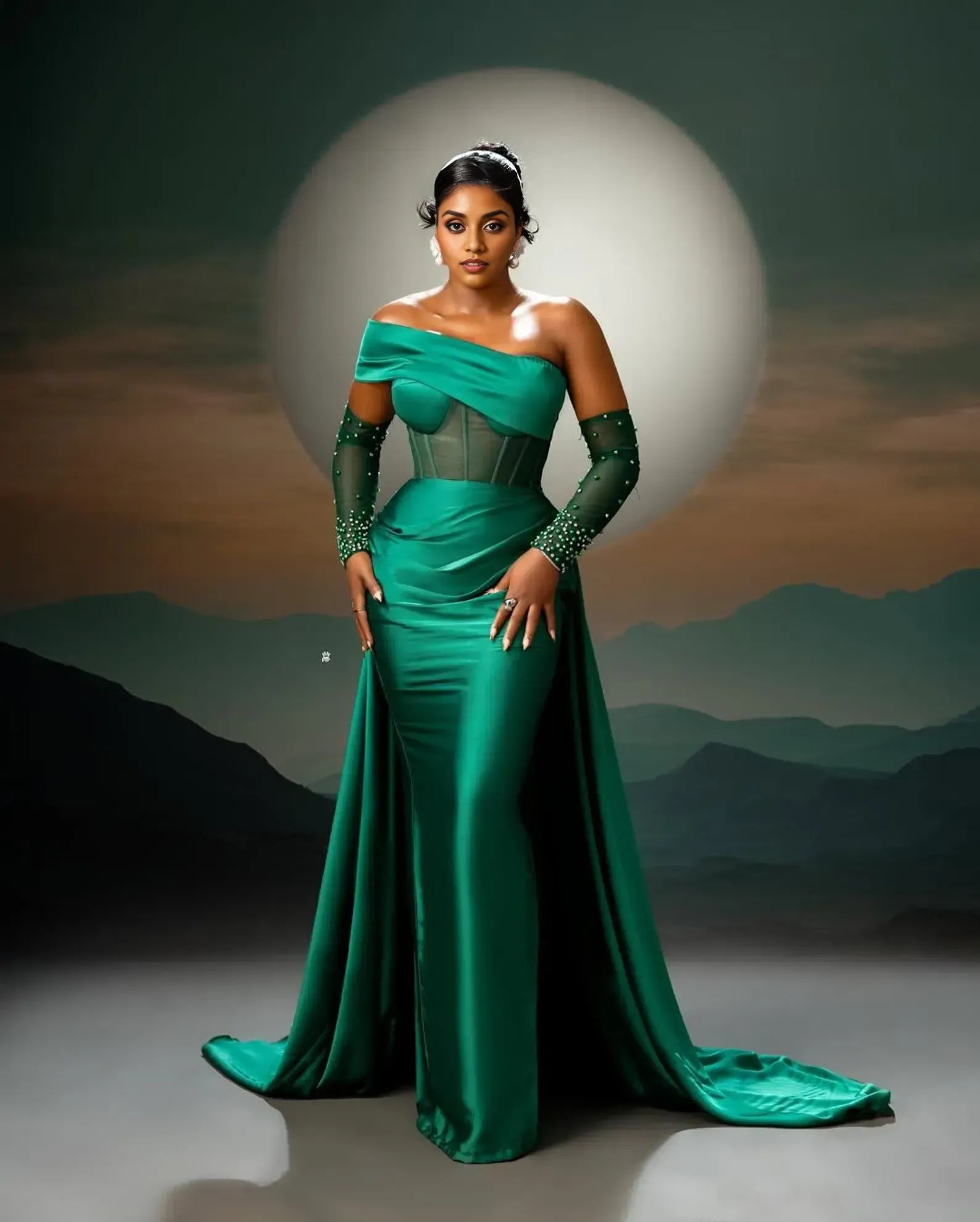 Luxurious Mermaid Off the Shoulder Long Sleeves Pleated Sweep Train Prom Dress