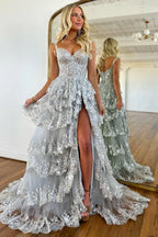 Luxurious Off the Shoulder Sleeveless A-Line Tiered Long Prom Dress