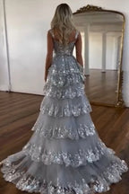 Luxurious Off the Shoulder Sleeveless A-Line Tiered Long Prom Dress
