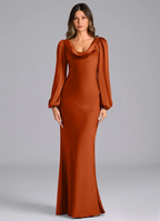 Luxurious Satin Mermaid Cowl Neck Long Puffed Sleeves Open Back Floor-Length Bridesmaid Dress for Wedding Events