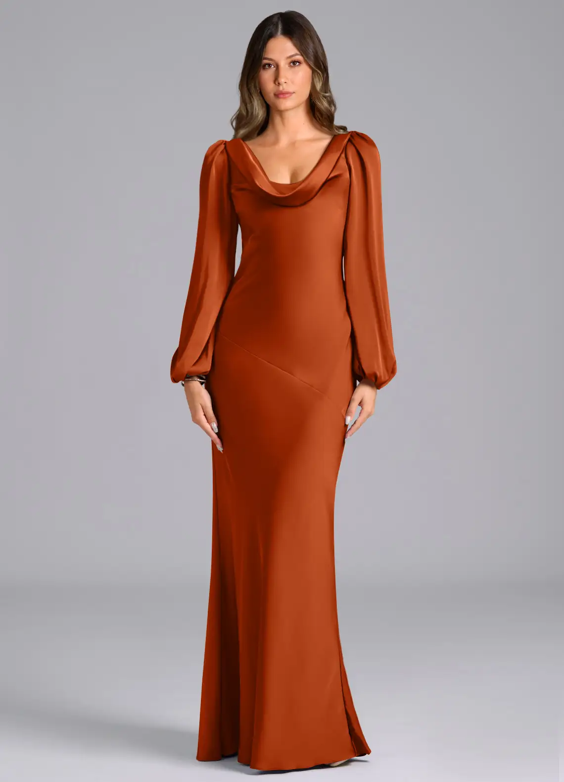Luxurious Satin Mermaid Cowl Neck Long Puffed Sleeves Open Back Floor-Length Bridesmaid Dress for Wedding Events