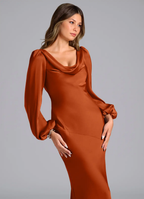 Luxurious Satin Mermaid Cowl Neck Long Puffed Sleeves Open Back Floor-Length Bridesmaid Dress for Wedding Events
