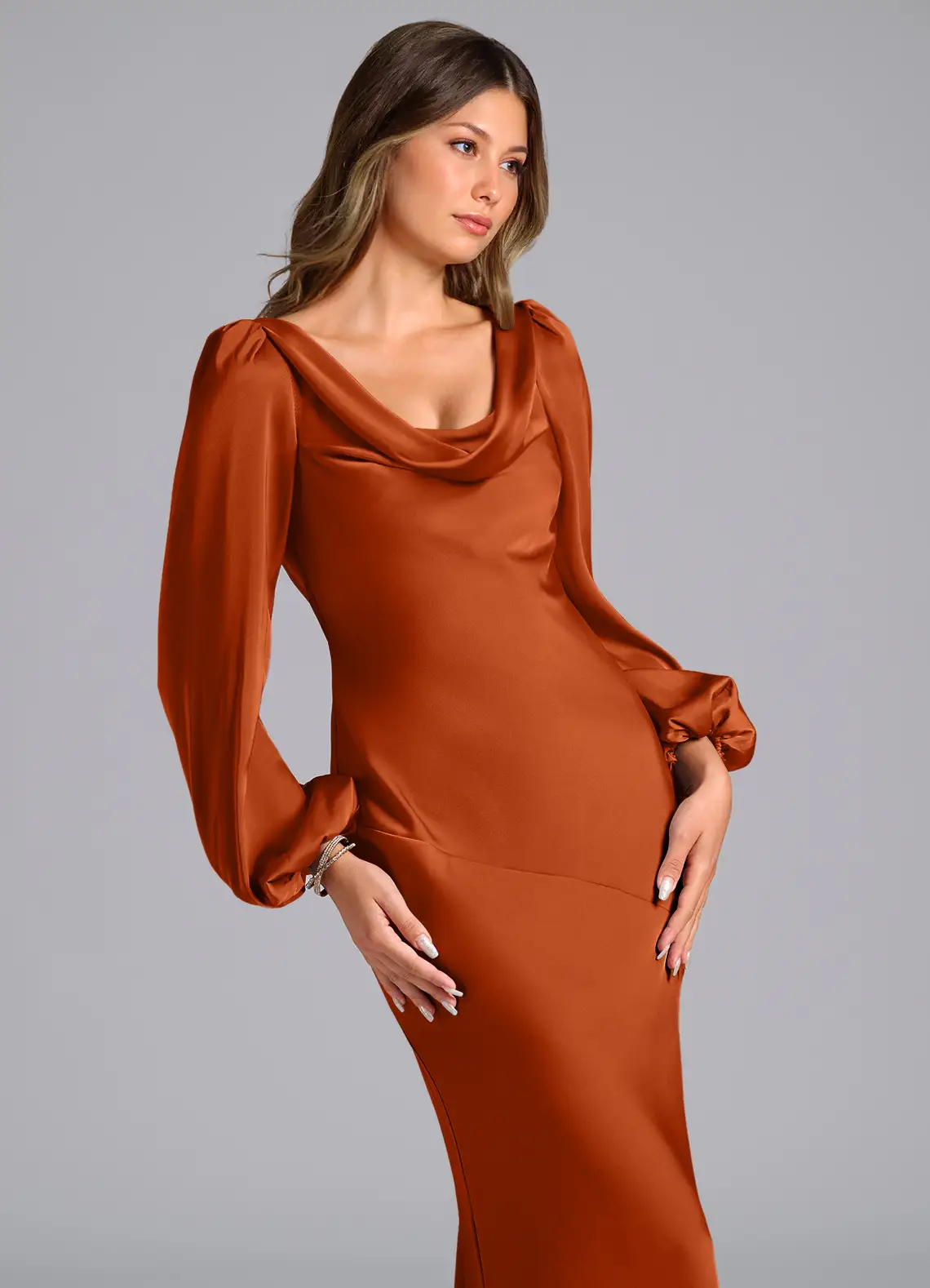 Luxurious Satin Mermaid Cowl Neck Long Puffed Sleeves Open Back Floor-Length Bridesmaid Dress for Wedding Events