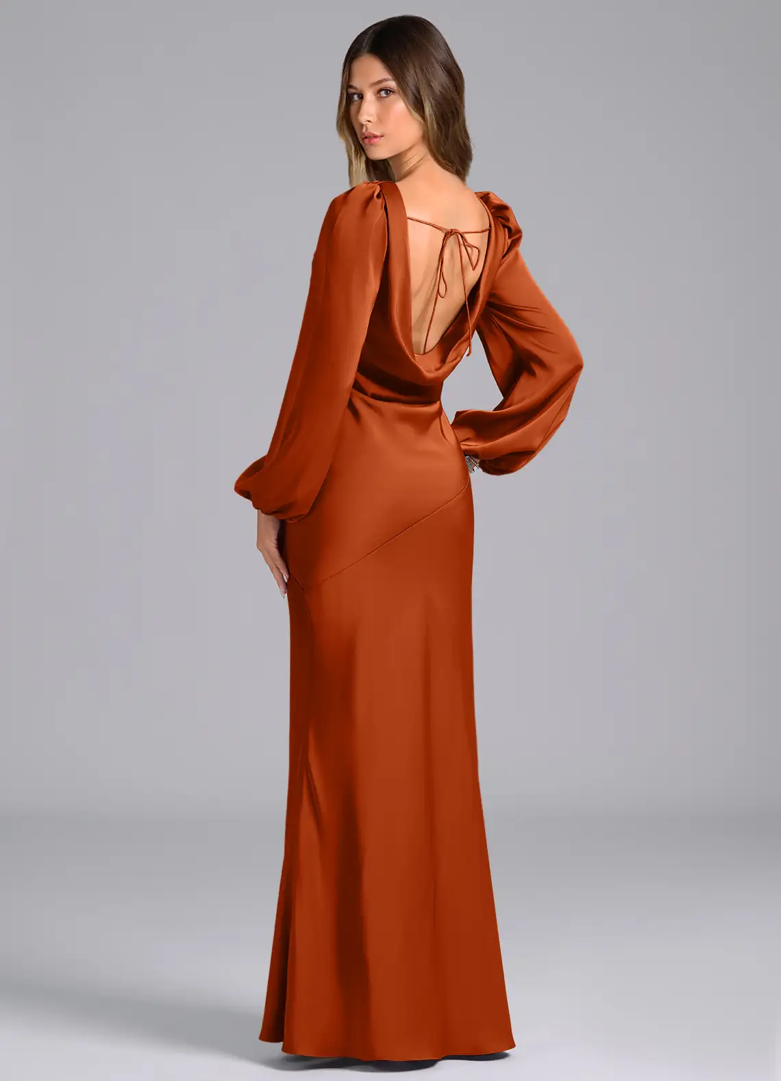 Luxurious Satin Mermaid Cowl Neck Long Puffed Sleeves Open Back Floor-Length Bridesmaid Dress for Wedding Events