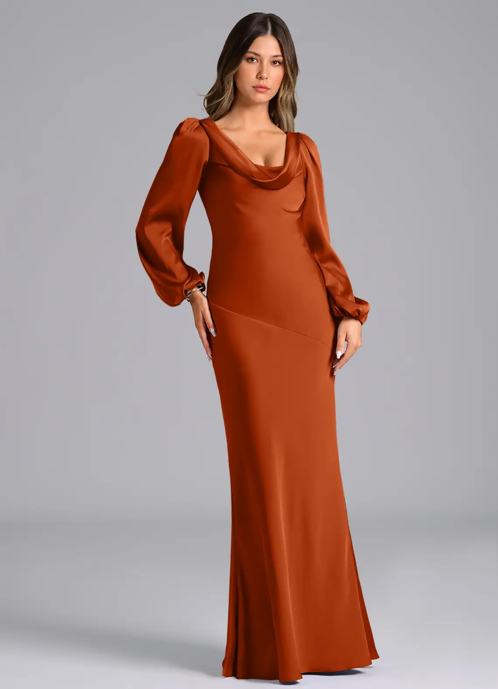 Luxurious Satin Mermaid Cowl Neck Long Puffed Sleeves Open Back Floor-Length Bridesmaid Dress for Wedding Events