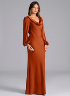 Luxurious Satin Mermaid Cowl Neck Long Puffed Sleeves Open Back Floor-Length Bridesmaid Dress for Wedding Events