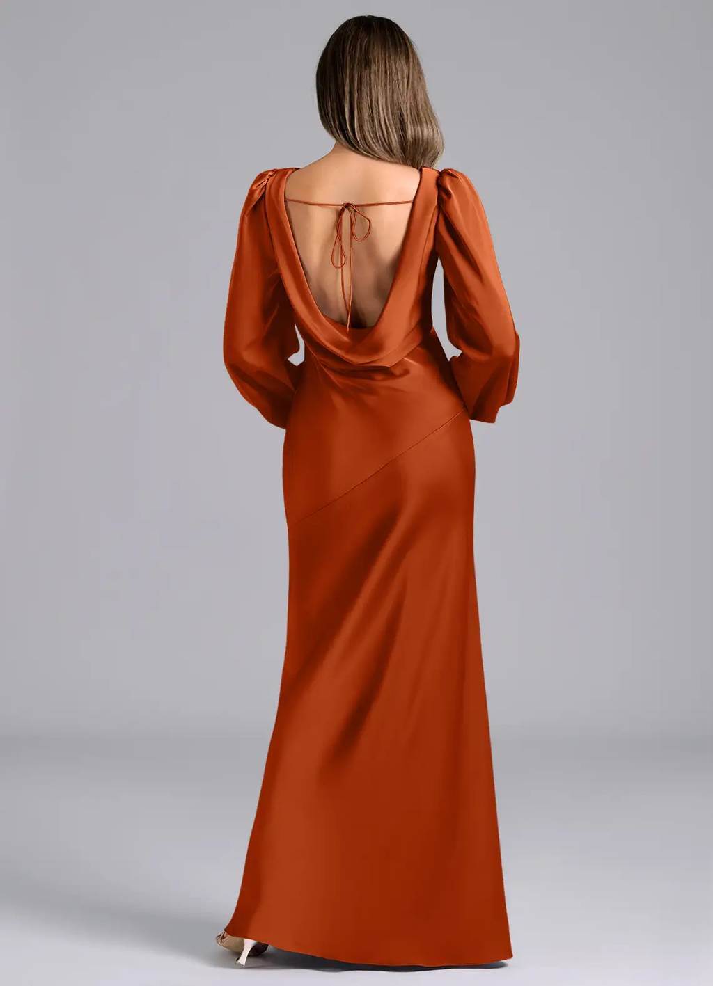 Luxurious Satin Mermaid Cowl Neck Long Puffed Sleeves Open Back Floor-Length Bridesmaid Dress for Wedding Events