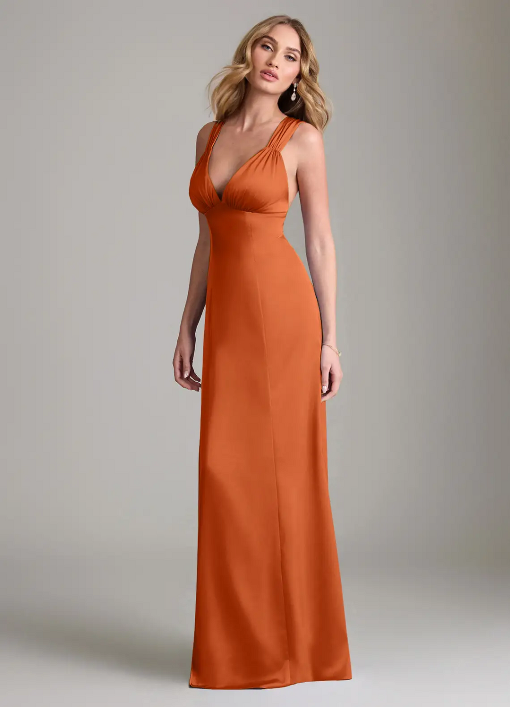 Luxurious Satin Sheath Deep V-Neck Sleeveless Crisscross Back Floor-Length Bridesmaid Dress for Wedding Occasions