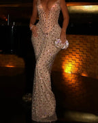 Luxurious Sheath V Neck Sleeveless Pleated Rhinestones Floor-Length Evening Dress