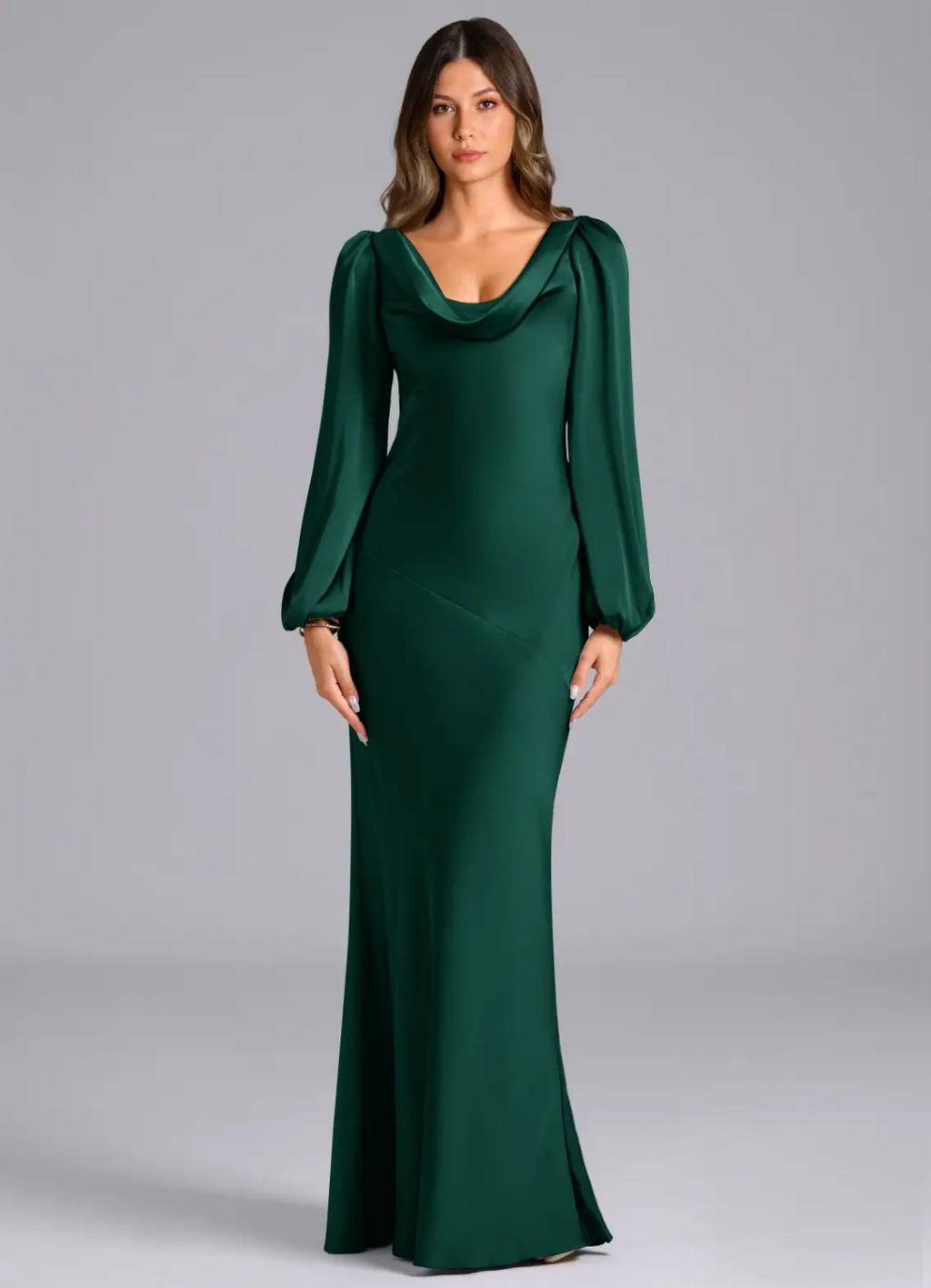 Luxurious Slim-Fit Cowl Neck Long Puffed Sleeve Open Back Tie-Back Floor-Length Bridesmaid Dress