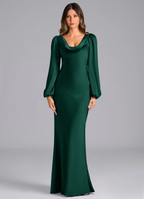 Luxurious Slim-Fit Cowl Neck Long Puffed Sleeve Open Back Tie-Back Floor-Length Bridesmaid Dress