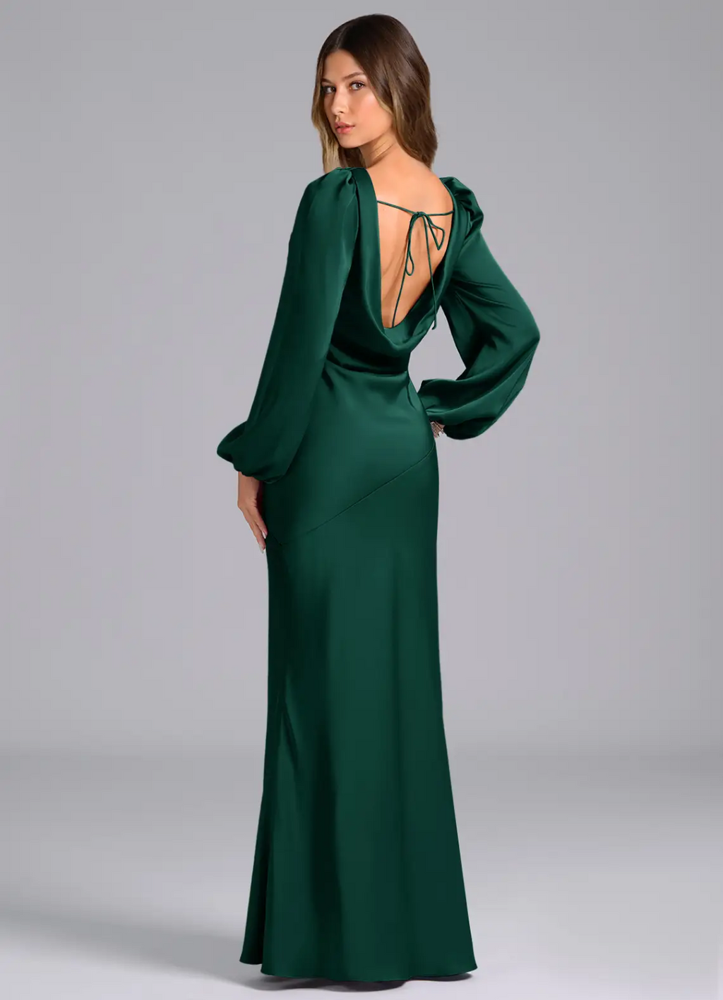 Luxurious Slim-Fit Cowl Neck Long Puffed Sleeve Open Back Tie-Back Floor-Length Bridesmaid Dress