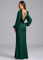 Luxurious Slim-Fit Cowl Neck Long Puffed Sleeve Open Back Tie-Back Floor-Length Bridesmaid Dress