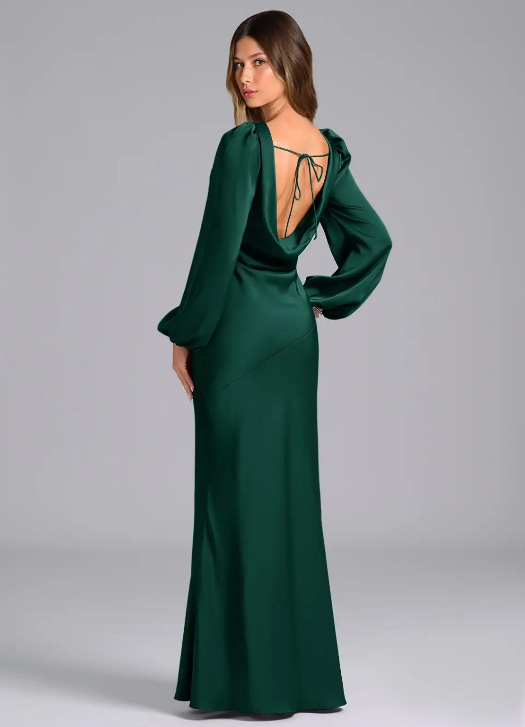 Luxurious Slim-Fit Cowl Neck Long Puffed Sleeve Open Back Tie-Back Floor-Length Bridesmaid Dress