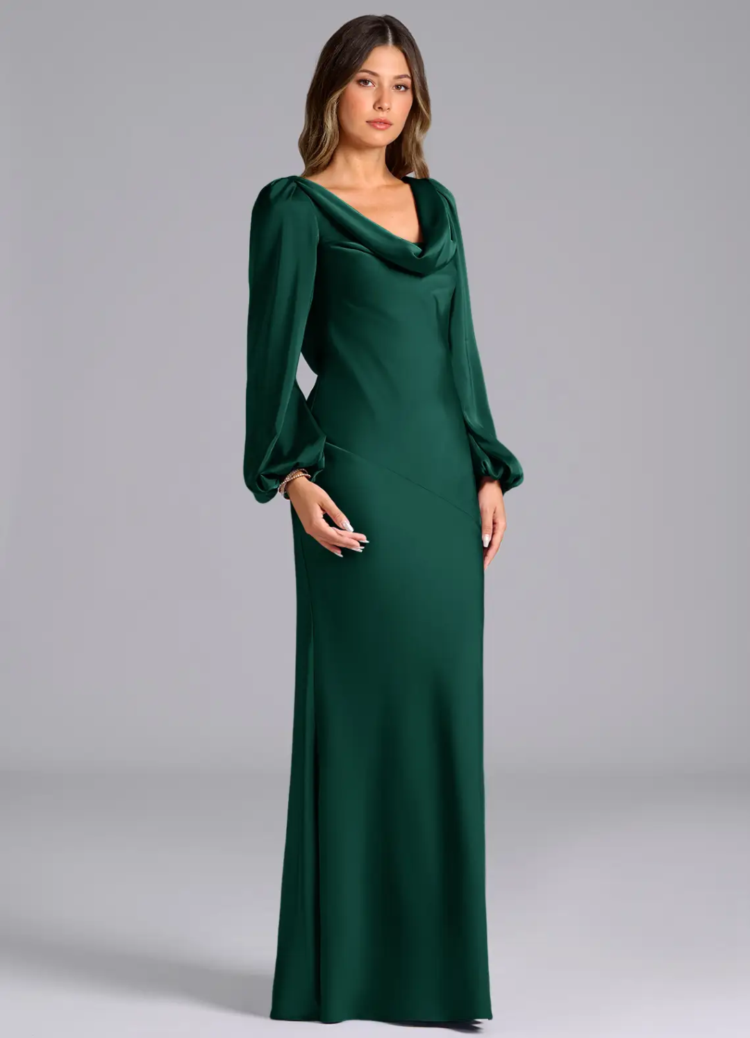 Luxurious Slim-Fit Cowl Neck Long Puffed Sleeve Open Back Tie-Back Floor-Length Bridesmaid Dress
