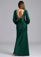 Luxurious Slim-Fit Cowl Neck Long Puffed Sleeve Open Back Tie-Back Floor-Length Bridesmaid Dress