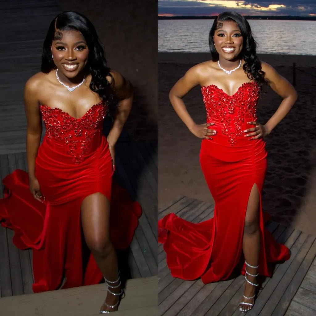 Luxurious V-neck Sleeveless Mermaid Slit Long Prom Dress