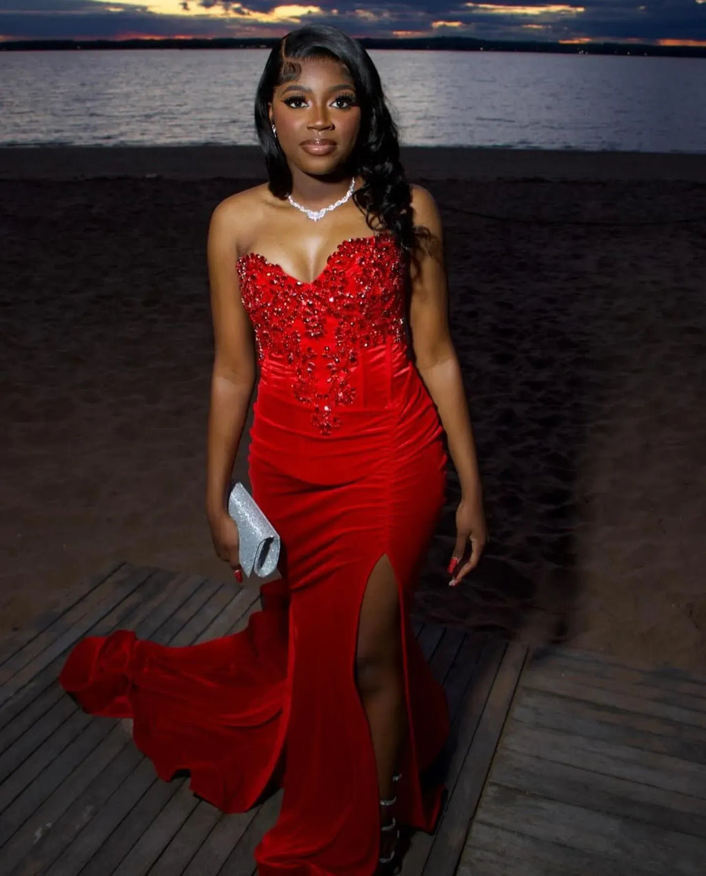 Luxurious V-neck Sleeveless Mermaid Slit Long Prom Dress