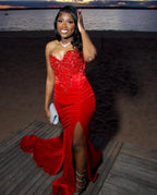 Luxurious V-neck Sleeveless Mermaid Slit Long Prom Dress