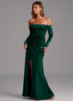 Luxurious Velvet Off-The-Shoulder Long Sleeve Ruched Side Slit Cutout Back Floor-Length Bridesmaid Dress