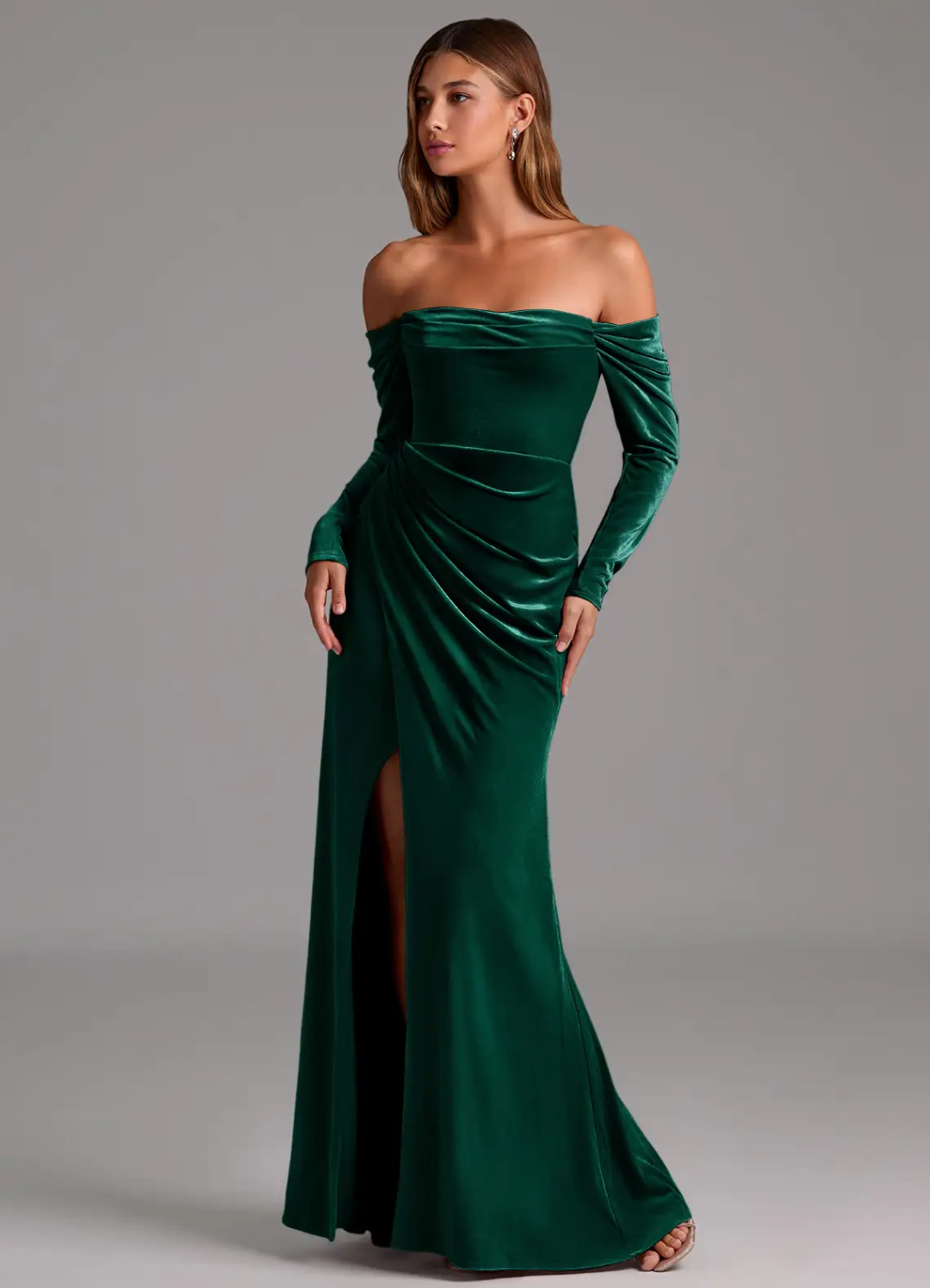 Luxurious Velvet Off-The-Shoulder Long Sleeve Ruched Side Slit Cutout Back Floor-Length Bridesmaid Dress