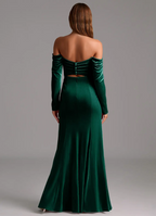 Luxurious Velvet Off-The-Shoulder Long Sleeve Ruched Side Slit Cutout Back Floor-Length Bridesmaid Dress