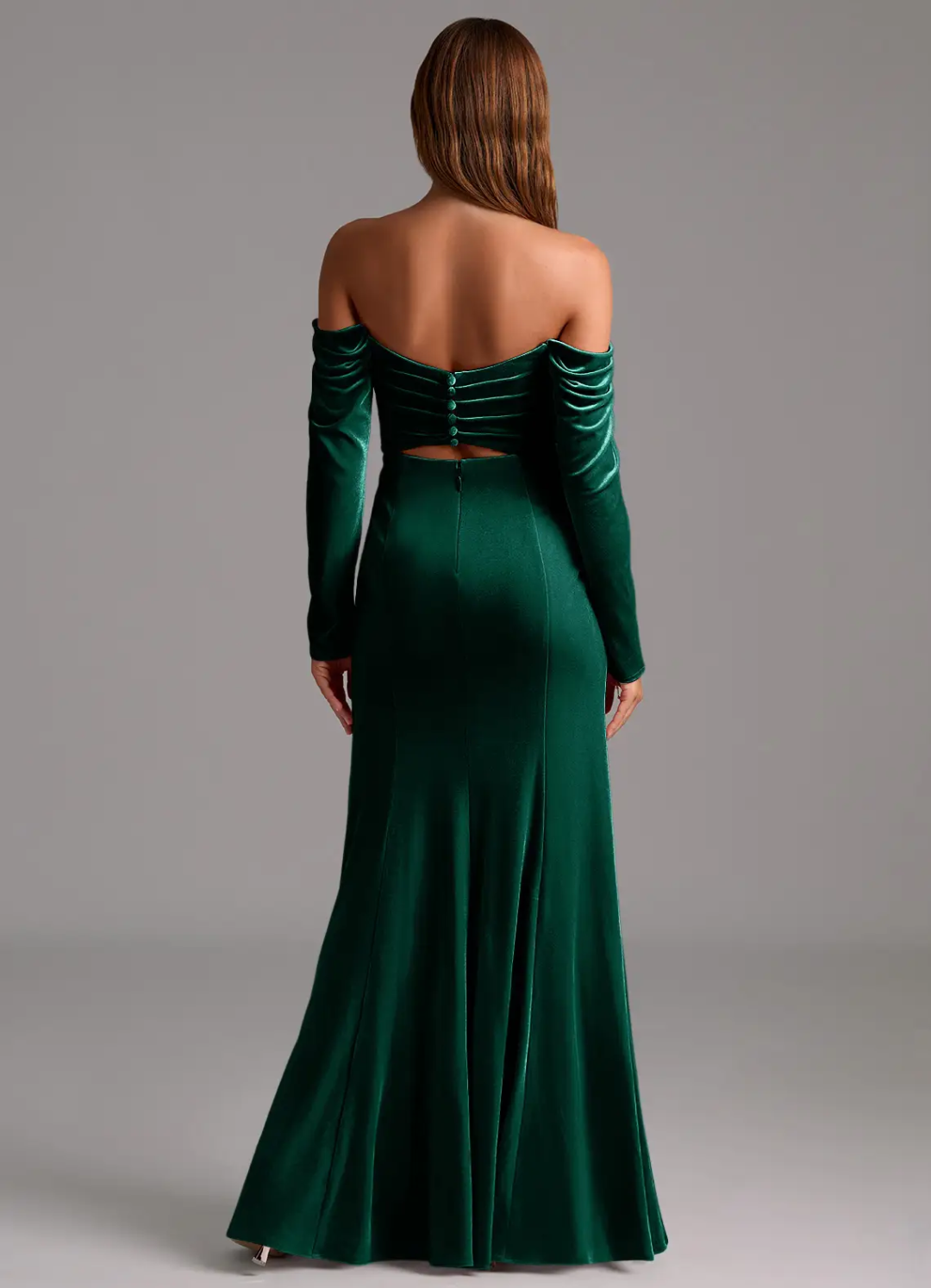 Luxurious Velvet Off-The-Shoulder Long Sleeve Ruched Side Slit Cutout Back Floor-Length Bridesmaid Dress