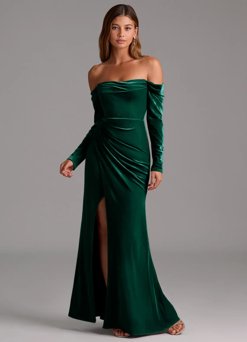 Luxurious Velvet Off-The-Shoulder Long Sleeve Ruched Side Slit Cutout Back Floor-Length Bridesmaid Dress