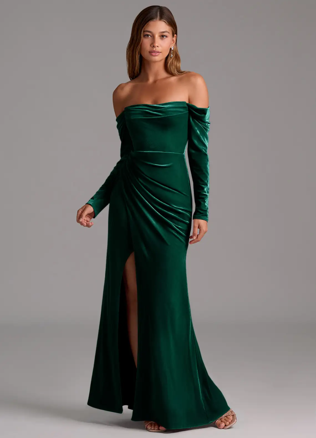 Luxurious Velvet Off-The-Shoulder Long Sleeve Ruched Side Slit Cutout Back Floor-Length Bridesmaid Dress
