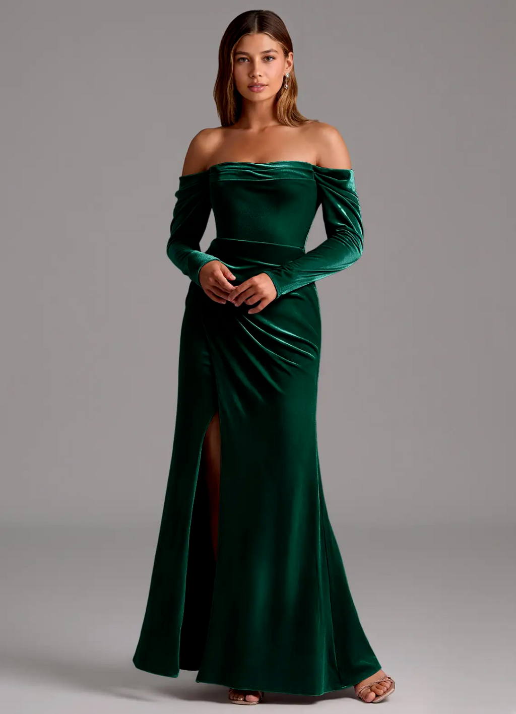 Luxurious Velvet Off-The-Shoulder Long Sleeve Ruched Side Slit Cutout Back Floor-Length Bridesmaid Dress