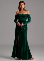 Luxurious Velvet Off-The-Shoulder Long Sleeve Ruched Side Slit Cutout Back Floor-Length Bridesmaid Dress