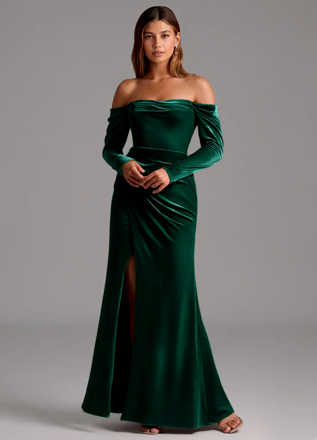 Luxurious Velvet Off-The-Shoulder Long Sleeve Ruched Side Slit Cutout Back Floor-Length Bridesmaid Dress