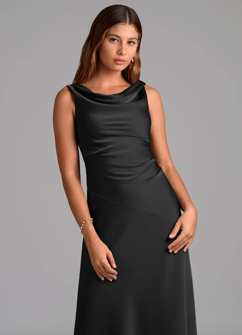 Luxury satin sheath cowl neck sleeveless v back floor length bridesmaid dress with ruched waist