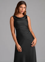 Luxury satin sheath cowl neck sleeveless v back floor length bridesmaid dress with ruched waist