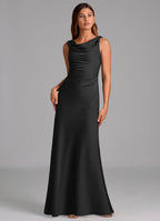 Luxury satin sheath cowl neck sleeveless v back floor length bridesmaid dress with ruched waist