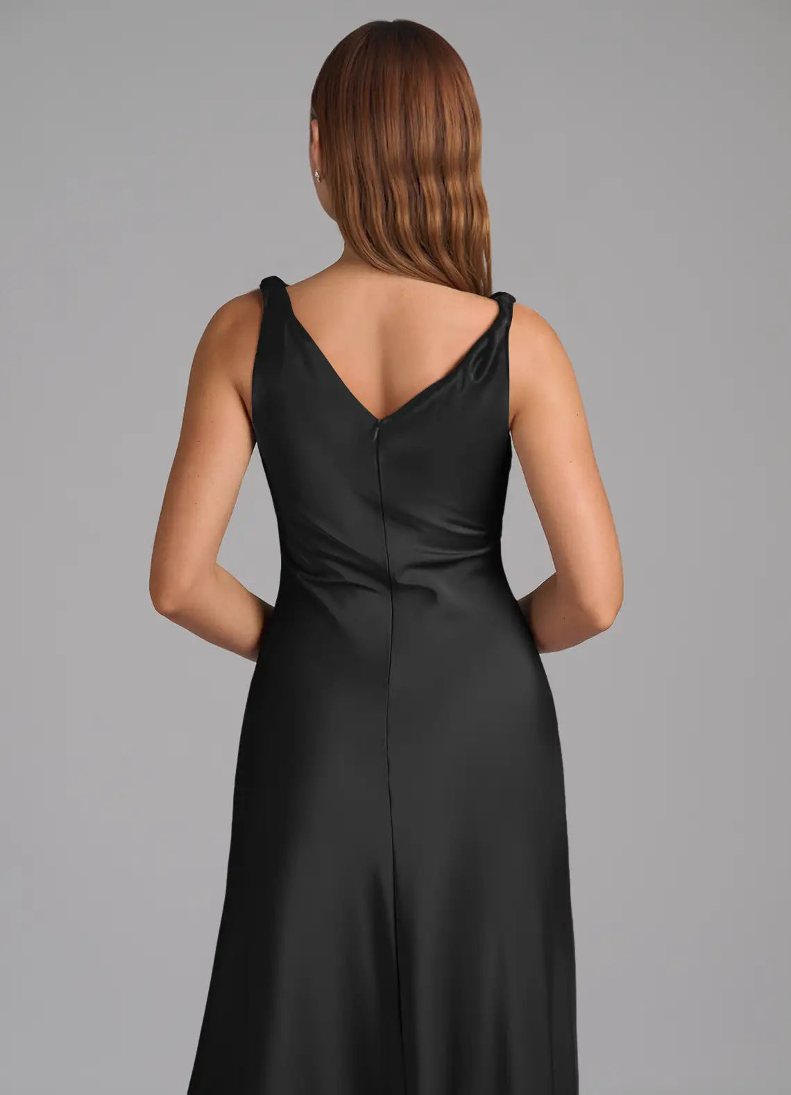 Luxury satin sheath cowl neck sleeveless v back floor length bridesmaid dress with ruched waist