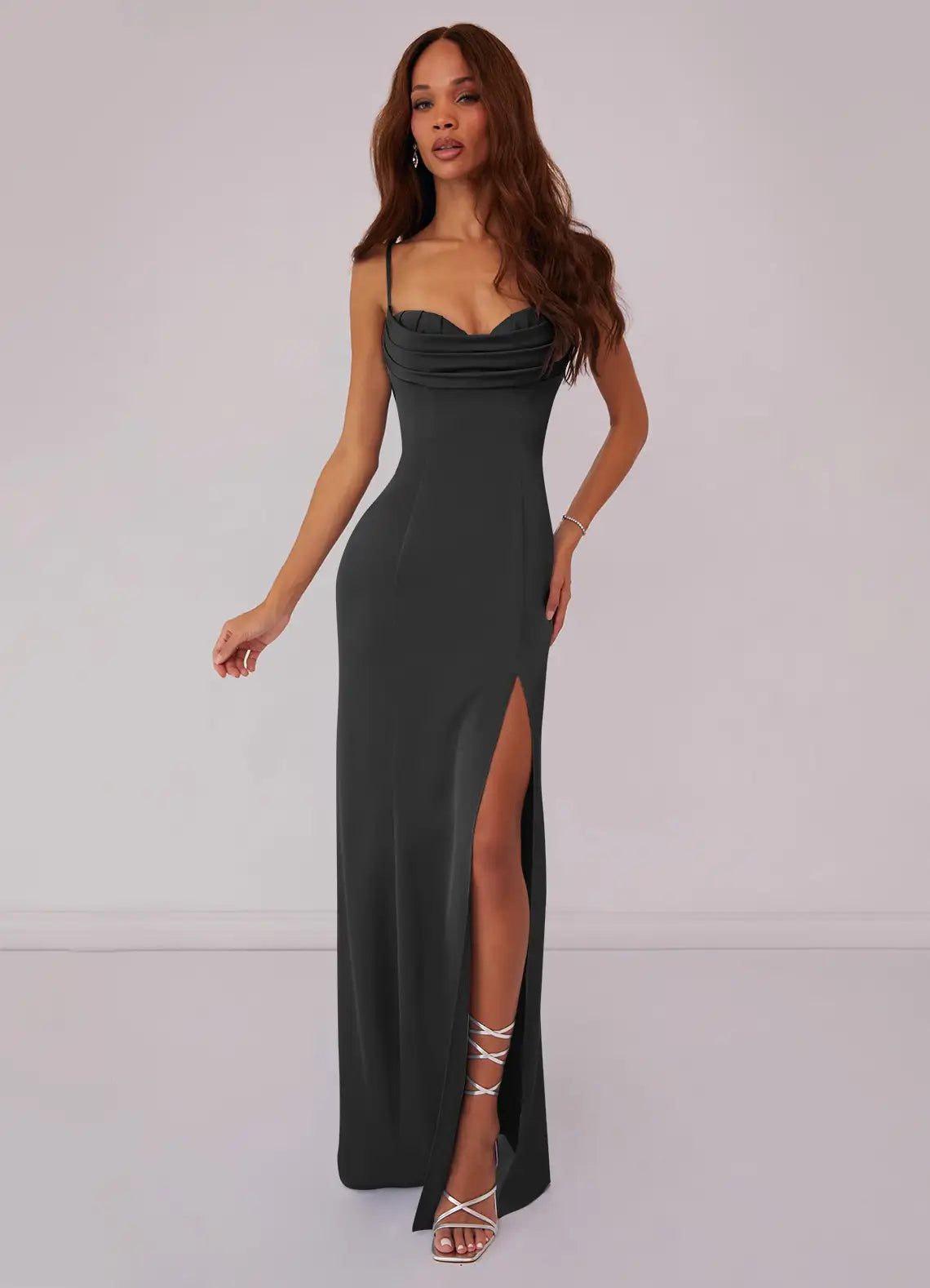 Luxury-satin-sheath-cowl-neck-spaghetti-strap-lace-up-back-floor-length-bridesmaid-dress-with-high-slit