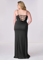 Luxury-satin-sheath-cowl-neck-spaghetti-strap-lace-up-back-floor-length-bridesmaid-dress-with-high-slit
