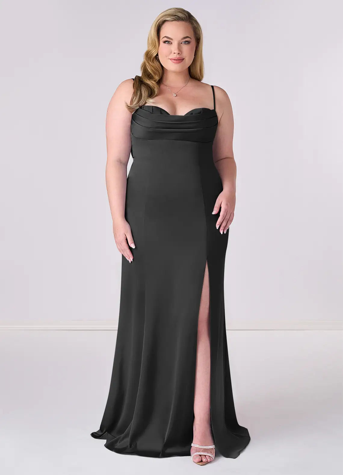 Luxury-satin-sheath-cowl-neck-spaghetti-strap-lace-up-back-floor-length-bridesmaid-dress-with-high-slit
