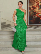 Luxury A-Line One Shoulder Sleeveless Zipper Up Floor-Length Evening Dress