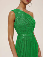 Luxury A-Line One Shoulder Sleeveless Zipper Up Floor-Length Evening Dress