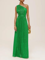 Luxury A-Line One Shoulder Sleeveless Zipper Up Floor-Length Evening Dress