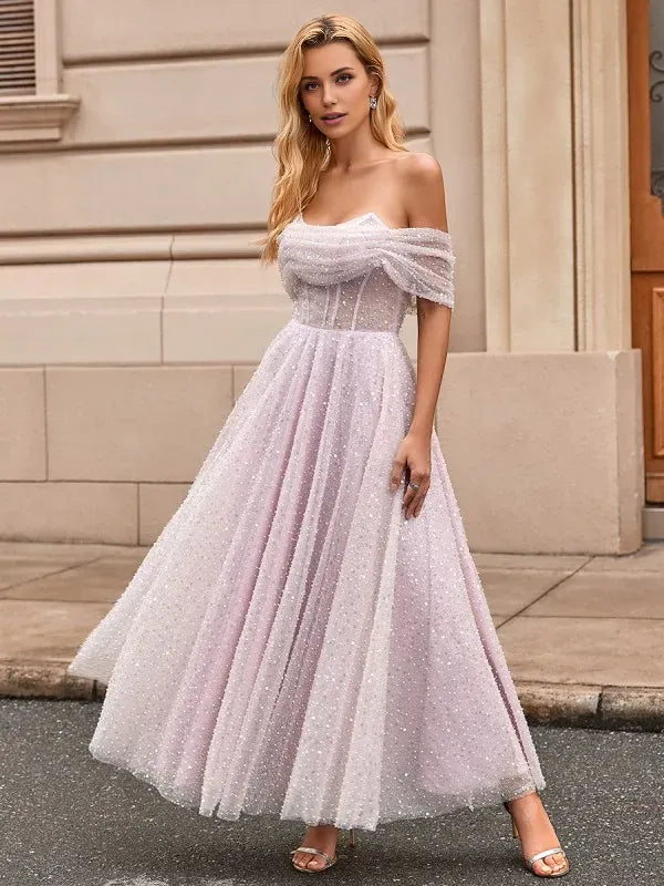 Luxury A-Line/Princess Off-the-Shoulder Sleeveless Back Zip Ankle-Length Homecoming Dress