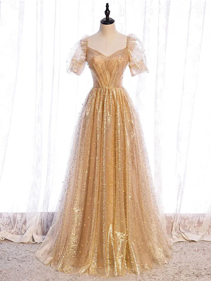 Luxury A-Line/Princess V Neck Short Puff Sleeve Up Sweep/Brush Train Party Dresses