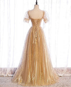 Luxury A-Line/Princess V Neck Short Puff Sleeve Up Sweep/Brush Train Party Dresses