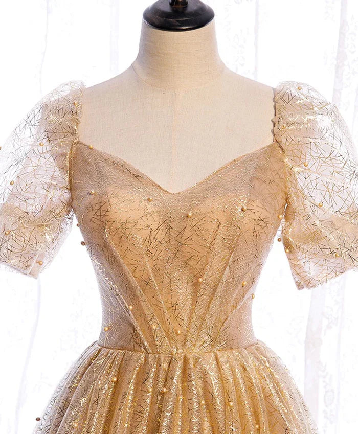 Luxury A-Line/Princess V Neck Short Puff Sleeve Up Sweep/Brush Train Party Dresses